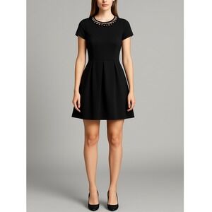 One Clothing Black Fit & Flare Dress Small Beaded‎ Neckline Short Sleeve